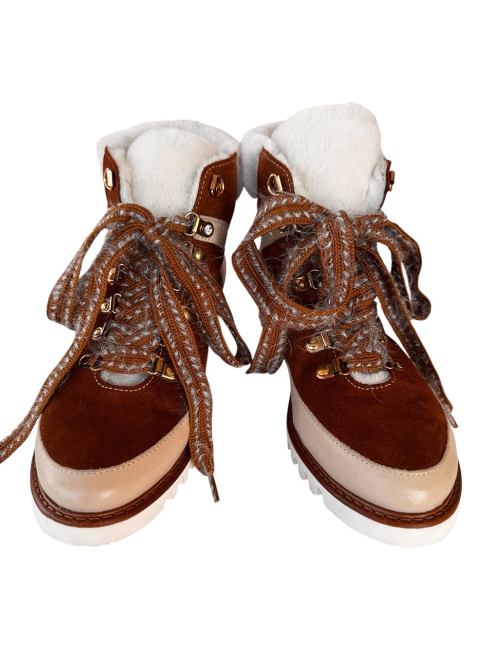 Ron White Chestnut Suede Real Shearling Trim LaceUp Hiker Lug Sole Boot 8.5 |NWT